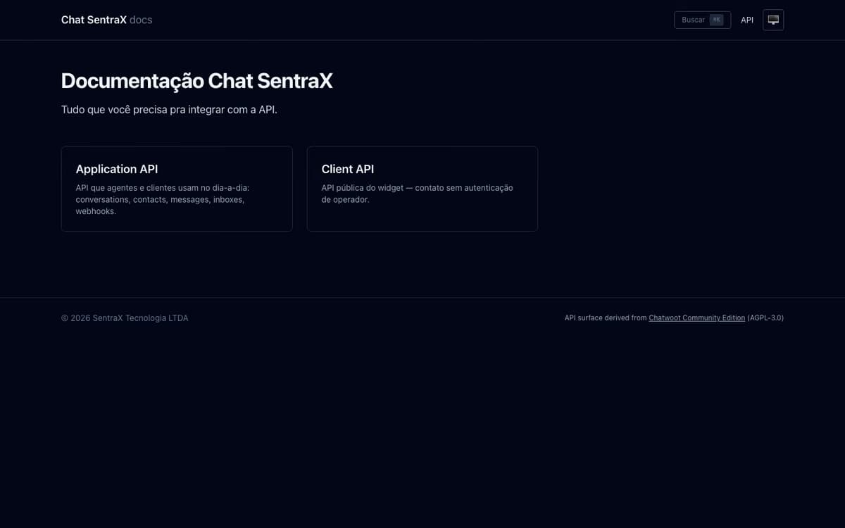 Documentação do Chat SentraX publicada com o Docs